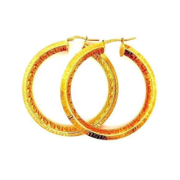 18k Gold Plated Etched Large Hoop Earrings - Picture 1 of 4